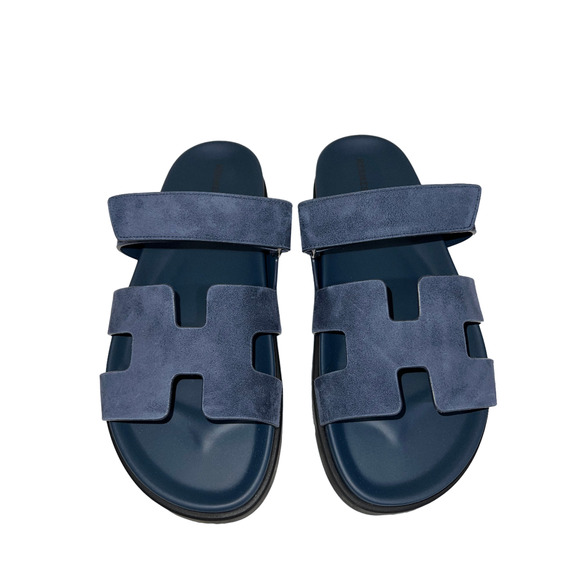 Hermes Chypre Sandal Blue Celeste Dark Suede Logo Strap Slide Slip On Flat 42 - Picture 7 of 11